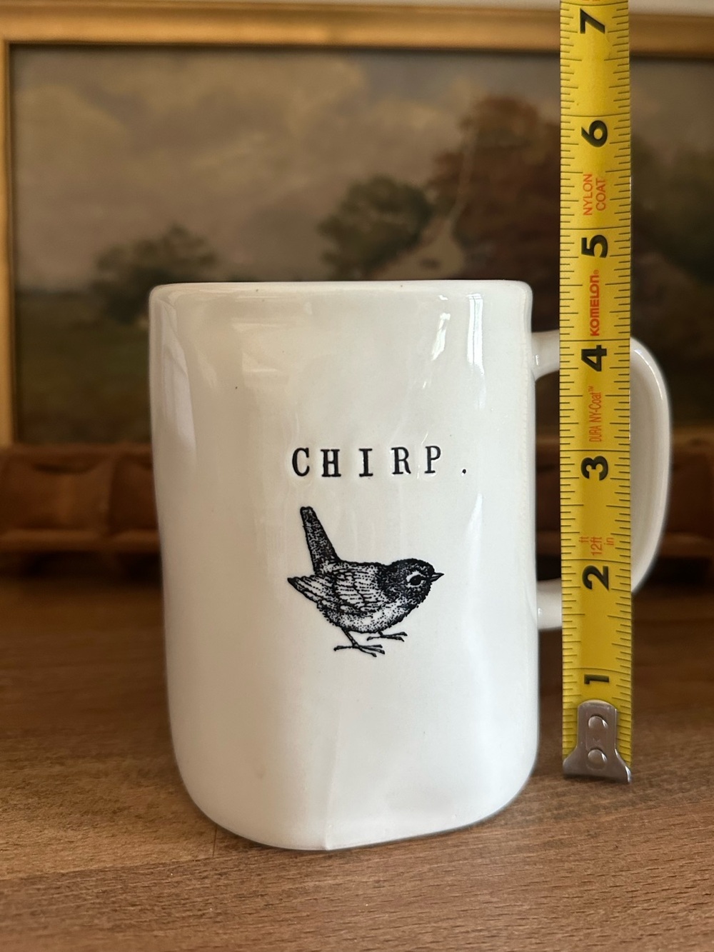 Rae Dunn CHIRP Ceramic Bird Mug - White with Black Print